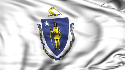 Realistic Waving Massachusetts State Flag with Coat of Arms