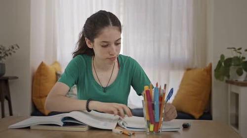 Teenage girl sitting at home preparing homework for school