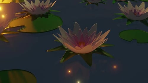 Peaceful Night Pond with Floating Lotus Flowers and Golden Lights