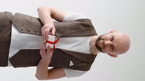 Man Holding Birthday Gift with Red Ribbon