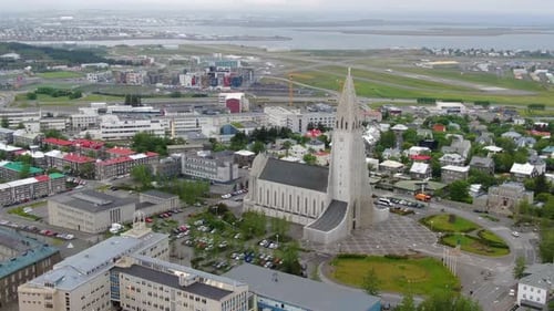 Drone flying over Reykjavik city, the capital of Iceland