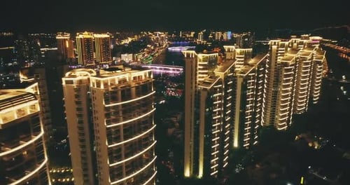Night Cityscape with Hotels Skyscrapers Aerial View