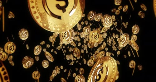 USDC USD Coin stablecoin cryptocurrency flying between golden coins loop