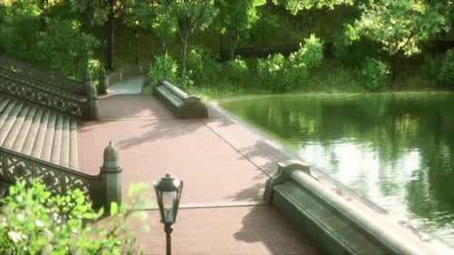 Ruhiger Teich umrahmt von üppig grünem Waldpark im Sonnenschein