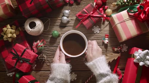 Holiday Coffee and Christmas Gifts Overhead