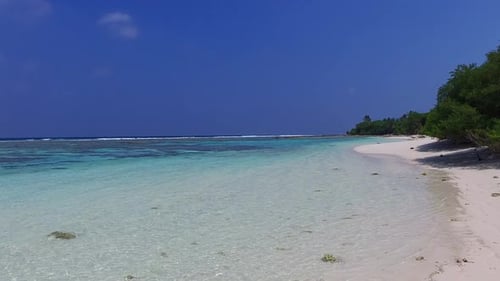 Wide angle texture of exotic shore beach by sea and sand background near waves