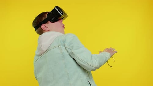 Man Using Virtual Reality Futuristic Technology VR Headset Helmet to Play Simulation 3D Video Game