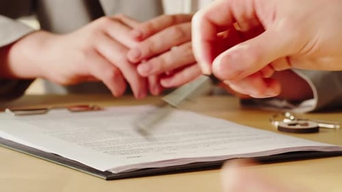 Customer Signing Contract Real Estate Agent Giving Home Keys Closeup Woman Realtor