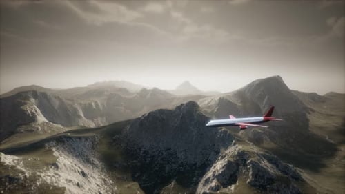 Passenger Aircraft Over Mountain Landscape