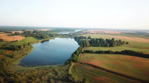 Aerial View of Lake and Rural Farmland