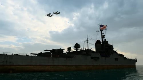 Military Warship with American Flag and Fighter Jets