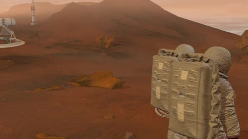 Astronauts Walking on Mars Towards a Futuristic Space Colony