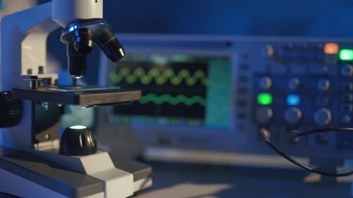 Close Up of a Optical Scientific Microscope in Laboratory