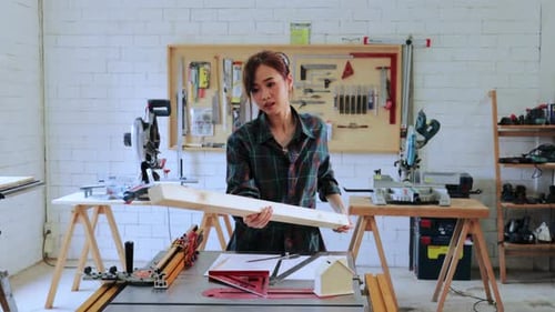 Architect woman design construction for built-in furniture project in workshop