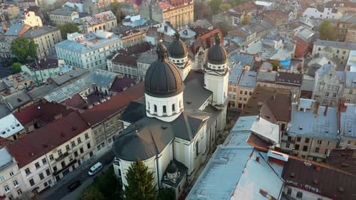 Aerial Video of Church in Central Part of Old City of Lviv, Ukraine