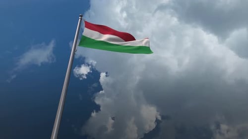 Waving Flag of Hungary with Realistic Clouds in Blue Sky