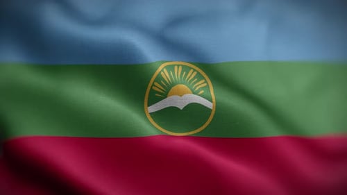 Realistic Waving Flag with Sun and Mountain Emblem