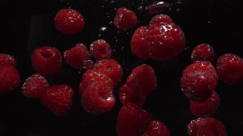 Vibrant Raspberries Falling in Water on Black