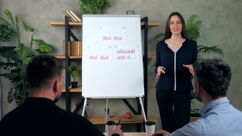 Top manager company presenting report charts on flip chart to business owners