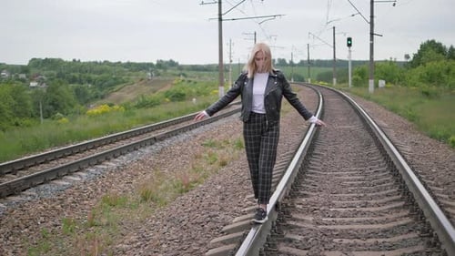 Junge Frau geht auf der Schiene der Bahngleise
