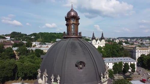 Aerial drone view of a flying over the Catholic Cathedral.