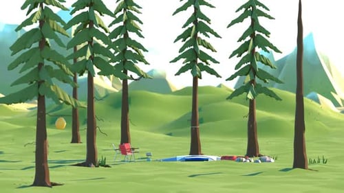 Forest outdoor campsite transformation. Cute, stylized cartoon animation.
