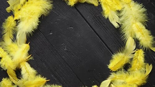 Colorful Decorative Easter Feather Wreath on Black Wooden Table Background
