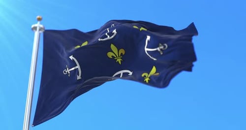 Realistic Blue Flag Waving with Fleur-de-Lis and Anchors