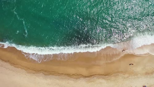 Wide flying tourism shot of a sandy white paradise beach and blue ocean background in best quality 4