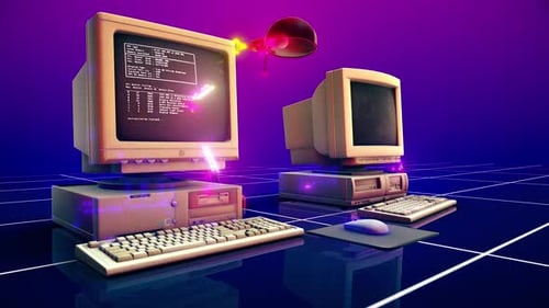 Retro Computers With Neon Glow On Digital Grid