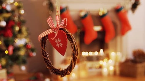 Christmas Wreath Decoration by Fireplace with Stockings