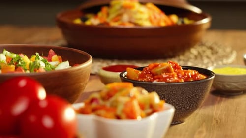 Various Dishes Displayed on a Table Close Up