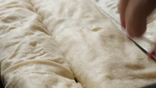 Rolled thin sheets of dough with filling in baking tray 4K 2160p 30fps UHD footage - Homemade filo