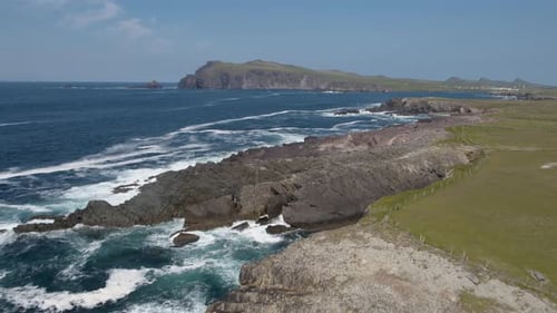 Aerial flyover of a beach in County Kerry, Ireland, during the summer
