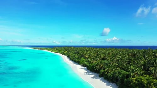 Aerial drone shot seascape of luxury lagoon beach break by blue ocean with white sand background of