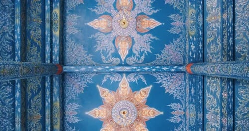 Ceiling of Buddhist Temple with Blue Color with Oriental Ornaments