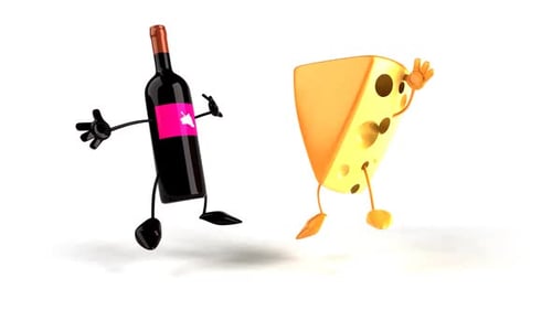 Funny Animated Wine Bottle and Cheese Characters Bouncing