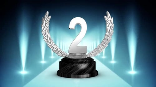 Zweitplatz-Trophäe auf blauer Bühne mit Lichtern