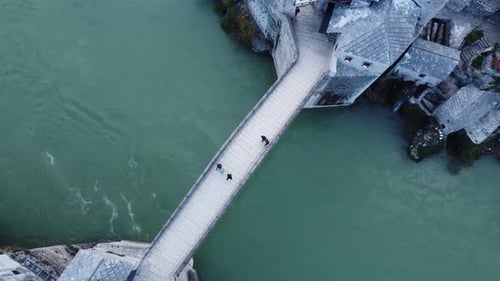 Aerial Drone View Of City Of Old Bridge And Neretva River In Mostar 4K