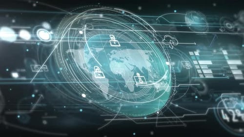 Futuristic HUD with Animated Data and Global Network Elements