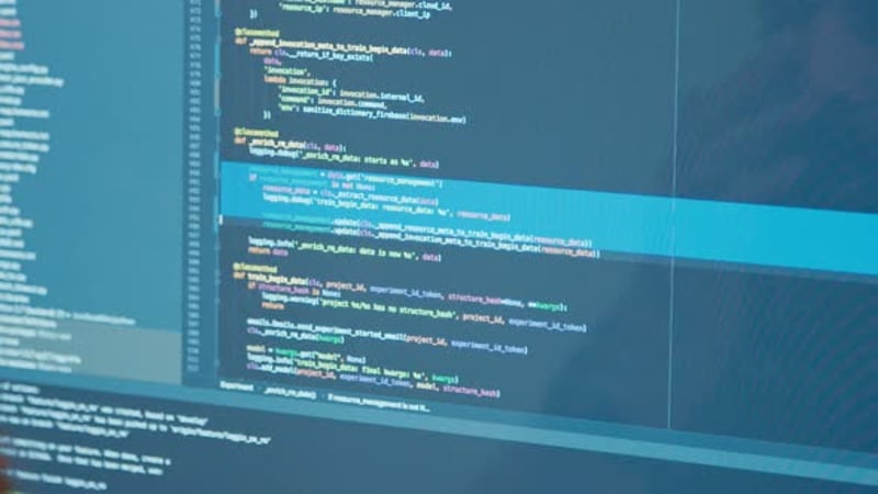 Hologram, man and programmer with code, focus and digital software with ...