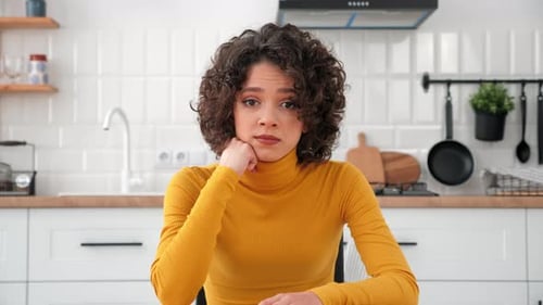 Webcam View Thoughtful Woman Student Thinks Listens Teacher Online Video Call