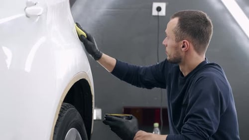 Man Polish a Car in a Garage