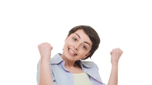 Woman Celebrates with Exuberant Joy on White Background