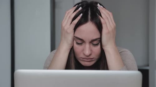 Frustrated Millennial Female Student Feel Stressed Look Computer Screen Worried Problem Read Bad