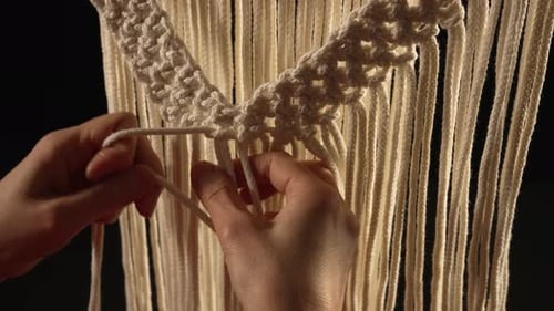 Weaving Macrame Pattern From Natural White Cotton Threads