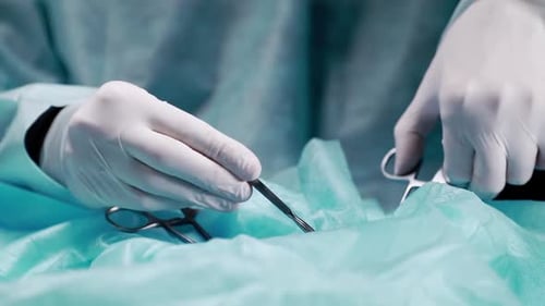 Surgeon Doctor Makes the Incision Using a Scalpel. The Doctor Performs the Operation.