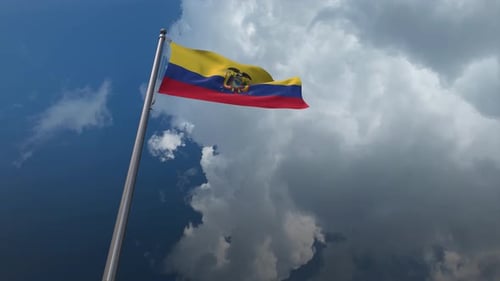 Ecuador National Flag Waving on Flagpole Against Cloudy Sky