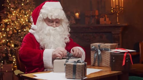 Santa Claus Wrapping Gifts by Christmas Tree
