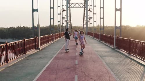 Young People Guys and Girls with Bright Appearance and Clothes Ride on Skateboards on a Large City